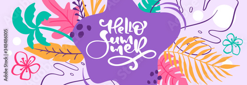 Hello summer web banner. Beautiful background on tropical palm trees and leaves. Vector illustration Holiday backdrop