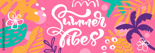 Summer vibes web banner. Beautiful background on tropical palm trees and leaves. Vector illustration Holiday backdrop