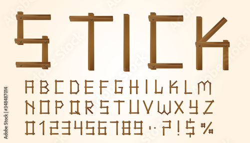 Alphabet set of symbols in the form of wooden stick. Eps10 vector.