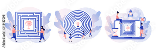 Business maze concept. Business metaphor. Tiny people looking for a way to reach the goal through the labyrinth. Modern flat cartoon style. Vector illustration on white background
