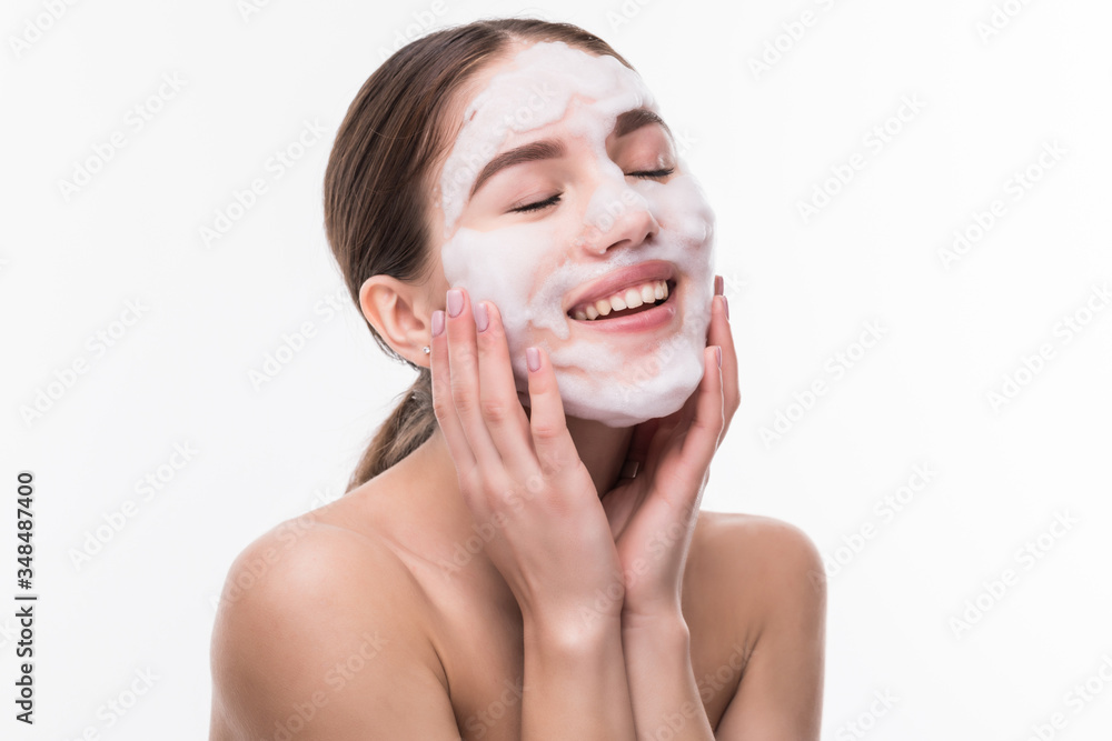 Beautiful woman with facial mask on white background. Cosmetics, skin care. Beautiful woman with facial mask on white background. Cosmetics, skin care.