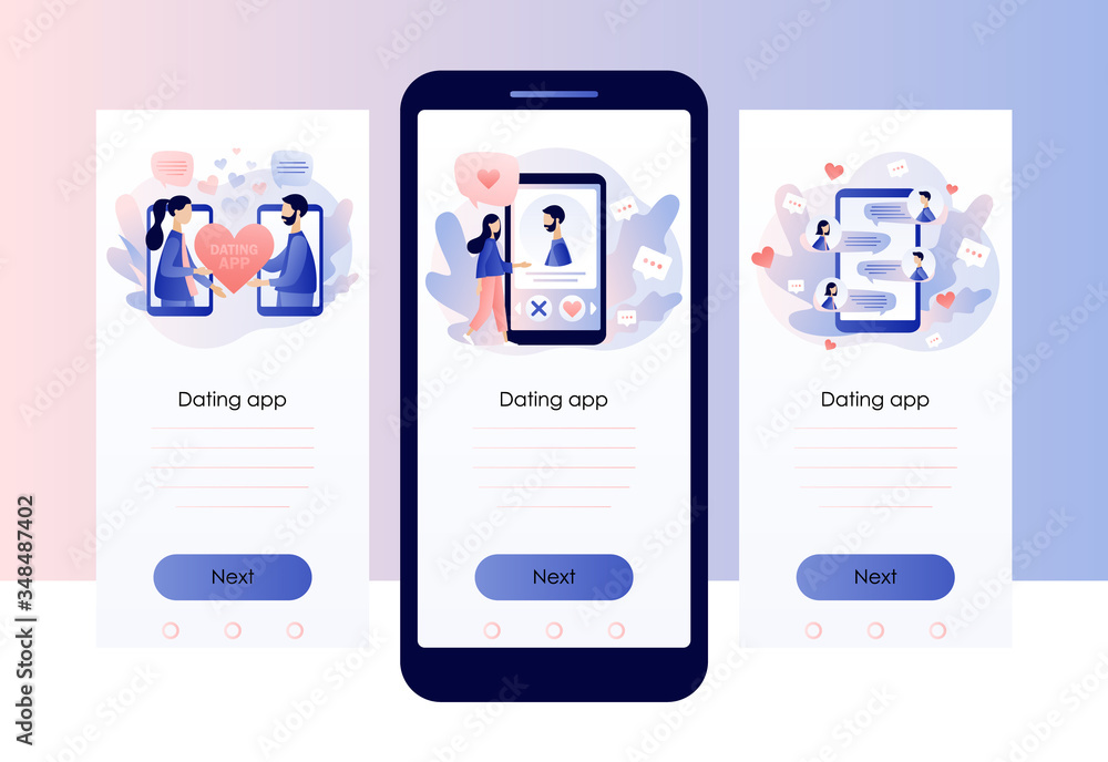 Online dating. Tiny people chatting in the dating app. Virtual relationship. Acquaintance in social network. Screen template for mobile smart phone. Modern flat cartoon style. Vector illustration Online dating. Tiny people chatting in the dating app. Virtual relationship. Acquaintance in social network. Screen template for mobile smart phone. Modern flat cartoon style. Vector illustration