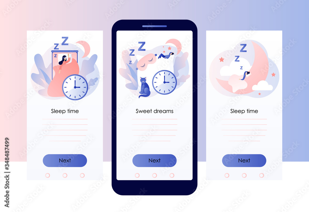 Sleep time. Sweet dreams. Good health and work of biological rhythms. Tiny woman sleeps in mask. Screen template for mobile smart phone. Modern flat cartoon style. Vector illustration Sleep time. Sweet dreams. Good health and work of biological rhythms. Tiny woman sleeps in mask. Screen template for mobile smart phone. Modern flat cartoon style. Vector illustration