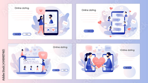 Online dating. Tiny people chatting in the dating app. Screen template for mobile smart phone, landing page, template, ui, web, mobile app, poster, banner, flyer. Modern flat cartoon style. Vector 