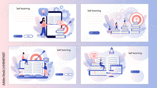Self-learning, online education, e-book. Screen template for mobile smart phone, landing page, template, ui, web, mobile app, poster, banner, flyer. Modern flat cartoon style. Vector illustration