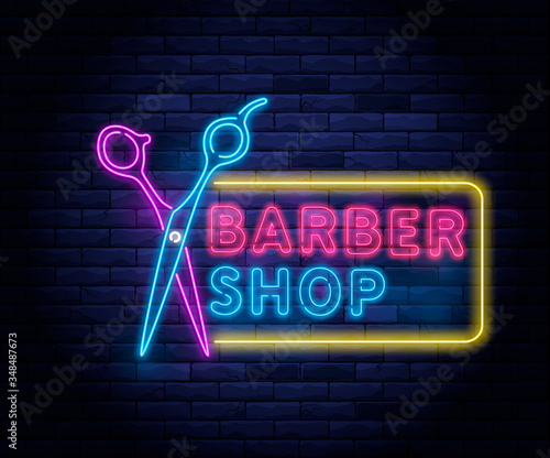 Illuminated neon barber shop design with scissors. Hairstyling and beard grooming salon for gentlemans. Light electric banner glowing on background of bricks wall vector illustration.