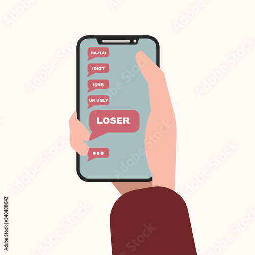 Person holding mobile phone with abusive texts on screen, isolated vector illustration in flat style