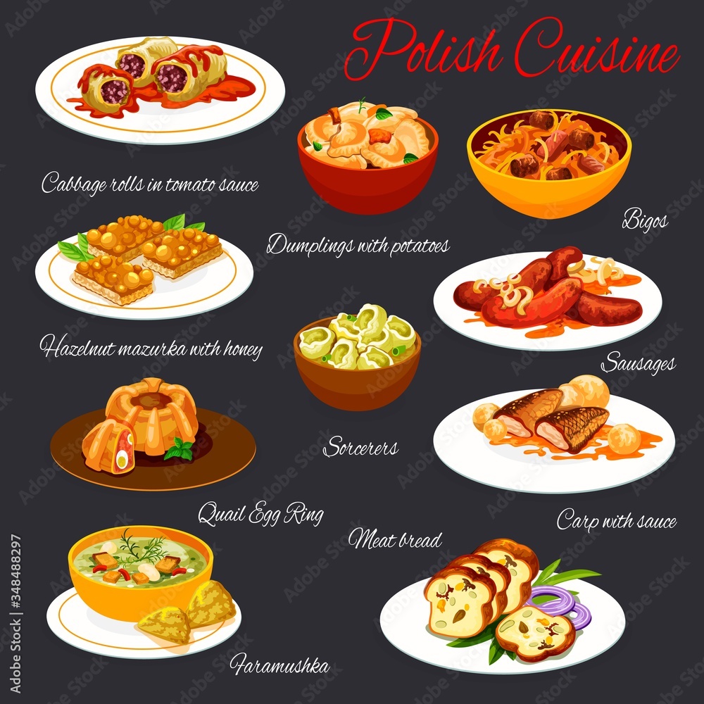Polish cuisine, vector meals menu template. Poland meals cabbage rolls in tomato sauce, dumplings with potato, bigos dish and sausages. Meat bread, fish, faramushka and hazelnut mazurka with honey Polish cuisine, vector meals menu template. Poland meals cabbage rolls in tomato sauce, dumplings with potato, bigos dish and sausages. Meat bread, fish, faramushka and hazelnut mazurka with honey