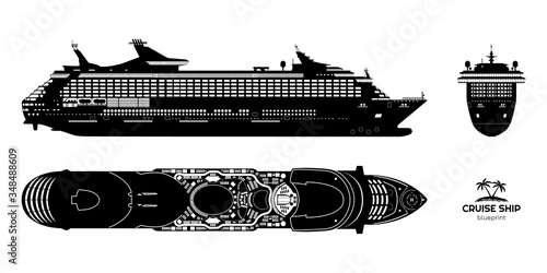 Black silhouette of cruise ship. Side, top and front views. Isolated liner blueprint. Detailed drawing of modern marine vessel. Sea travel transpotation