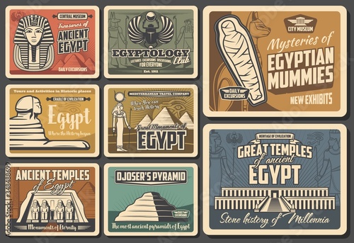 Ancient Egypt retro vector posters. Cairo pyramids travel, Egyptian mummies, Pharaoh mysteries. Egyptology exhibition and museum, god temples and monuments, vintage Egypt landmarks and sightseeing