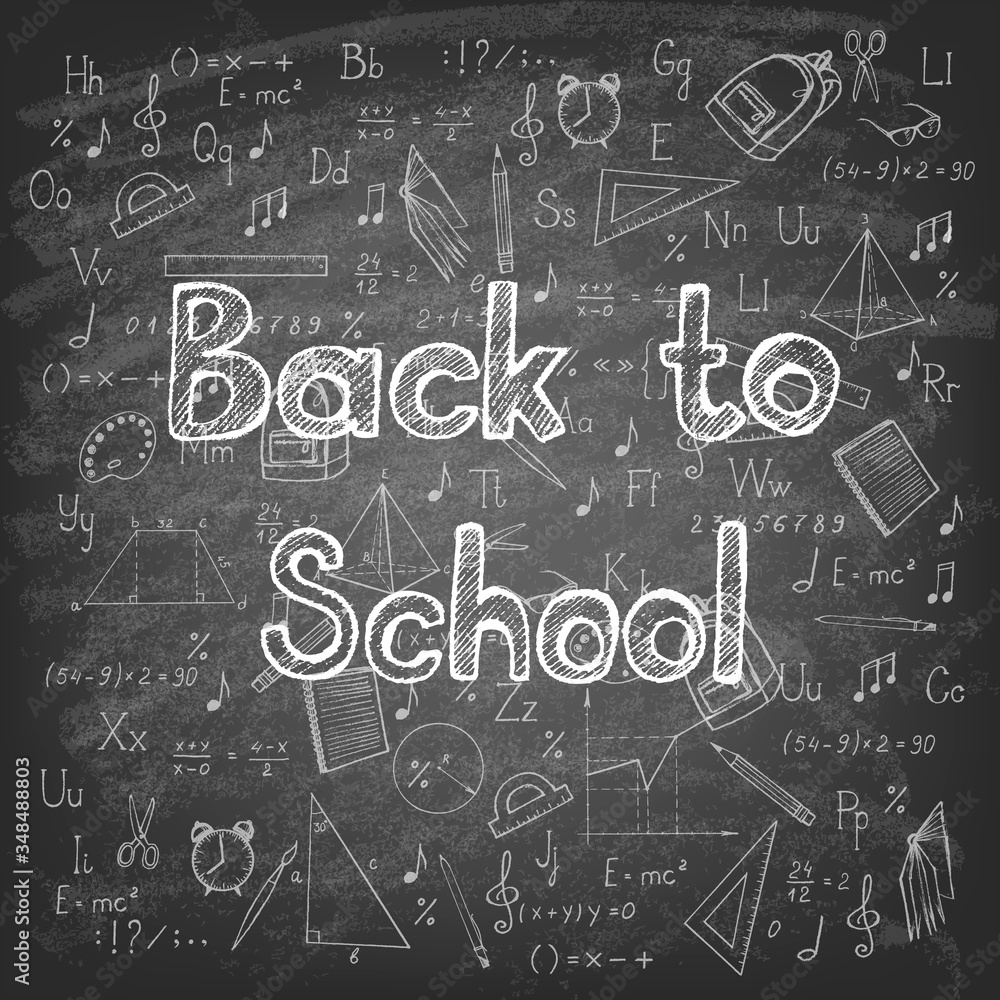 Freehand drawing school items on blackboard. Back to School. Vector illustration. 