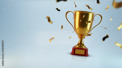 Vector golden cup, isolated 3d object, realistic design. Poster and element for sports tournaments and other events. Symbol of victory and success. Celebration and ceremony concept.