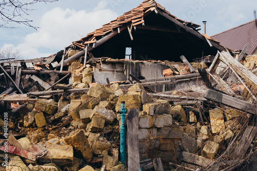 Collapsed rural house. Earthquake.