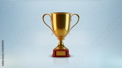 Vector golden cup, isolated 3d object, realistic design. Poster and element for sports tournaments and other events. Symbol of victory and success. Celebration and ceremony concept.