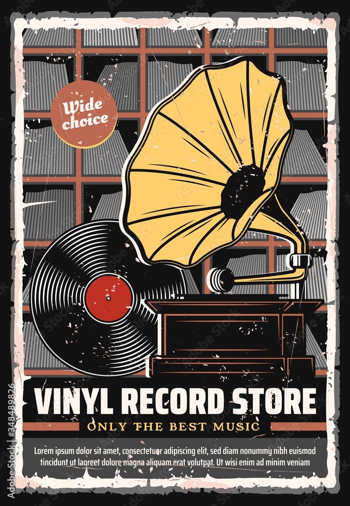Vinyl records shop vector retro poster. Wide choice vintage vinyl records and players gramophone phonograph and musical disks on shelves. Old stereo albums and record player Stock Vector