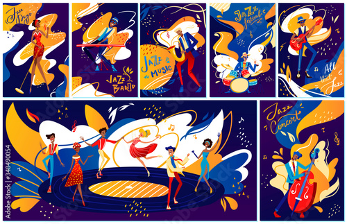People in jazz band musicians playing music on music festival, singer and musical instruments performance cartoon set vector illustration. Saxophonist, guitarist, jazz band and dancing people.