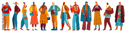 People street style characters collection wearing trendy clothes, set of young fashionable men and women dressed in leopard stylistic outfits vector illustration. Flat street stylish people isolated.