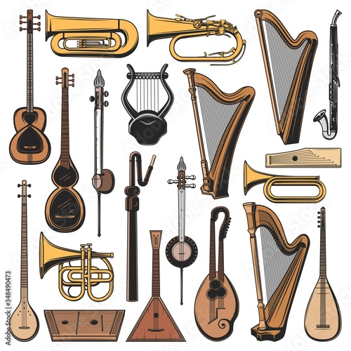 Musical instruments isolated vector tuba, harp and balalaika, klappenhorn, clarinet alto or tar. Kemanche, chattar and tanbur sharke, cornet and gusli, saz and trumpet musical instruments set
