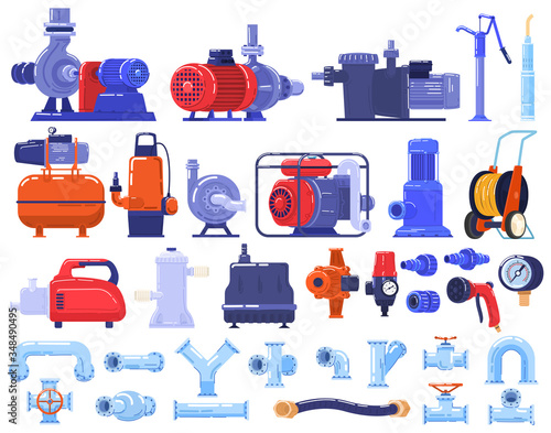 Pipe water pumps machinery, equipment, pipeline technology in industry, complex industrial machine of pipes, cables, motors, gauges and pumps set of isolated vector illustration. Engineering devices.