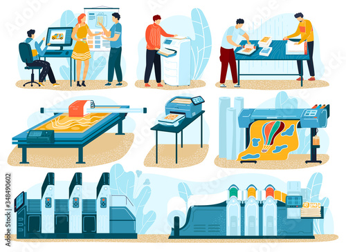 Printing process, people in typography print-shop, print equipment for polygraphic process isolated vector illustrations set. People create typography production for press business, printing house.