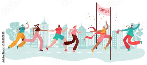 Marathon runners, sport winner at finish, athlete race, competition in city jogging and run cartoon vector illustration isolated on white. People running marathon and exercise, champion.