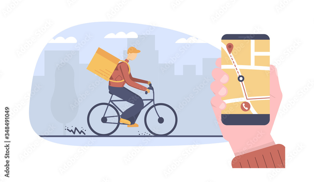 Concept of eco environment friendly delivery. A courier riding bicycle with parcel package. A hand holding a phone and tracking delivery. Flat cartoon illustration. Concept of eco environment friendly delivery. A courier riding bicycle with parcel package. A hand holding a phone and tracking delivery. Flat cartoon illustration.