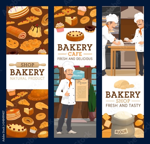 Bakers in bakery shop, bread and pastry. Cartoon chiefs in toque kneading a dough, baking a bread. Sweet desserts cakes and flour, pies and pancakes, muffins and cupcakes, croissant and donut