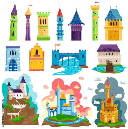 Castles towers and fortresses architecture vector illustrations cartoon set. Fairy medieval palaces with towers, walls and flags. Kingdom icons old ancient forts. Fortified medieval achitecture.