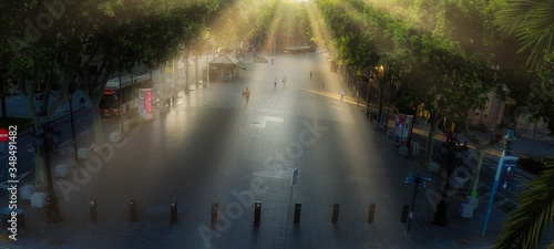 Photography Aerial View in Las Ramblas of Barcelona during coronavirus pandemic