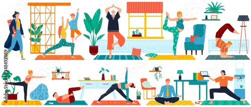 Yoga sport exercises for man, woman, pregnant and eldery set of vector illustration of people doing yoga meditation pose and fitness. Mother with child doing yoga pose, body balance and lifestyle.