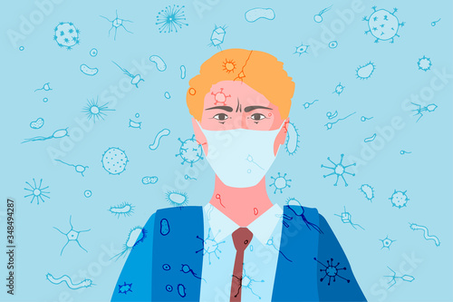 Lots of bacteria and viruses in air and in particles, virus transfer by airborne droplets. Human face in medical mask and various bacteria and viruses, vector illustration, quarantine and pandemics