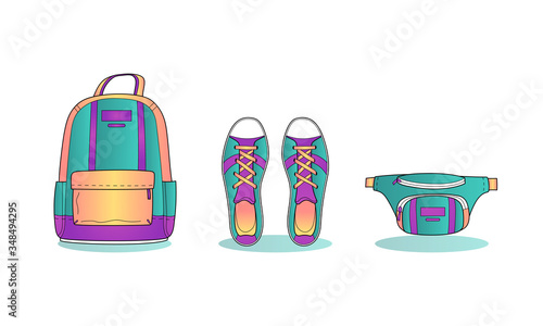 set of teenage school or hipster modern accessories. Colorful backpack, sneakers, waist bag, belt pouch. fashion casual and sport wear from 90s. isolated vector stock illustration on white background
