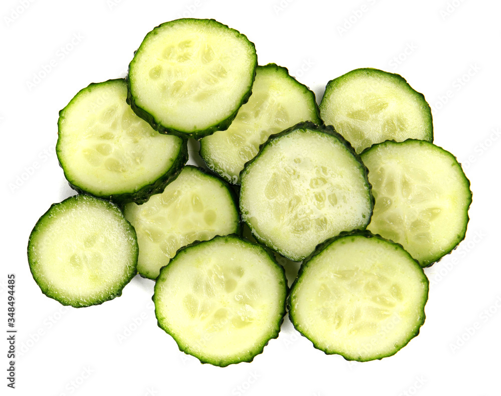 Fresh cucumber slices isolated on white background, top view Fresh cucumber slices isolated on white background, top view