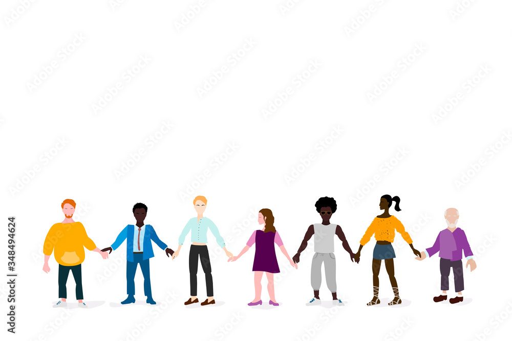 Together we are strong. A multinational group of people stand together holding hands, Light background, free space for your text Together we are strong. A multinational group of people stand together holding hands, Light background, free space for your text