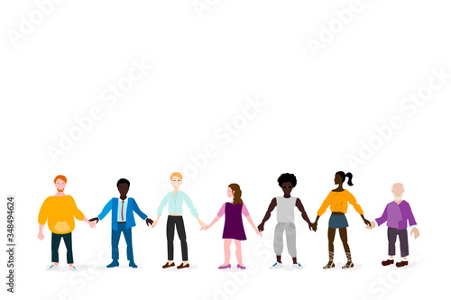 Together we are strong. A multinational group of people stand together holding hands, Light background, free space for your text