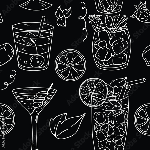 Seamless vector pattern with contour martini cocktail and cosmopolitan  on black background. Wallpaper, fabric and textile design. Cute wrapping paper pattern with cocktails. Good for printing.