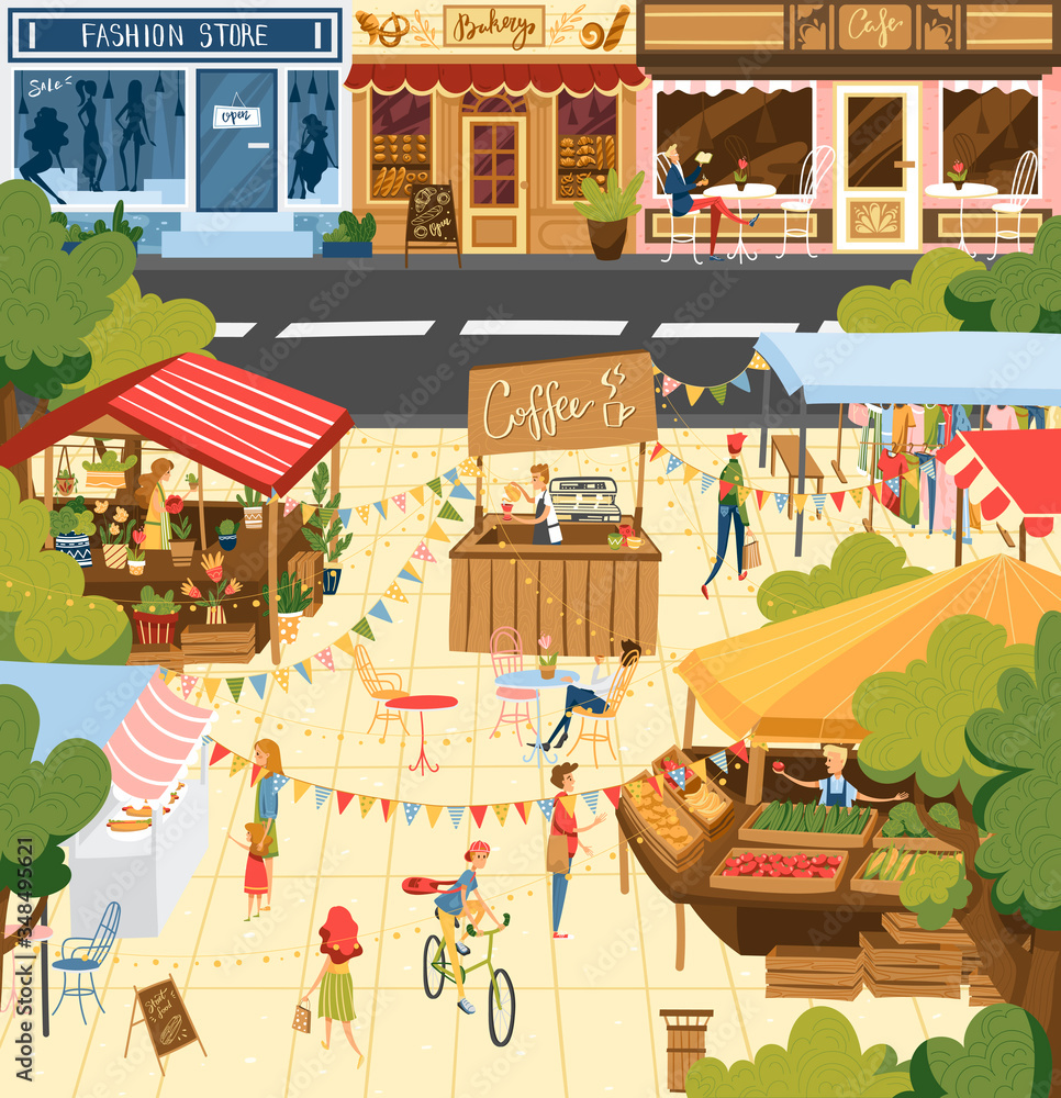Farmers market, people at fair counters sellers standing behind stall with fresh homemade farm food products outdoor vector Illustration. Farm festival in town with buildings and organic shops fair.