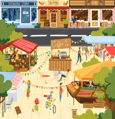 Farmers market  people at fair counters sellers standing behind stall with fresh homemade farm food products outdoor vector Illustration. Farm festival in town with buildings and organic shops fair.