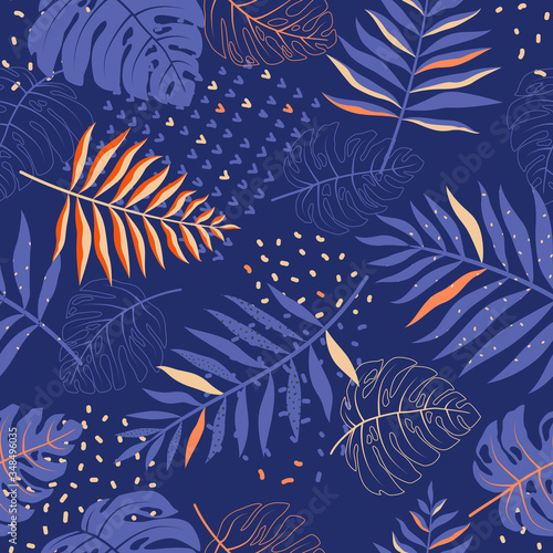 Seamless pattern of various tropical leaves.