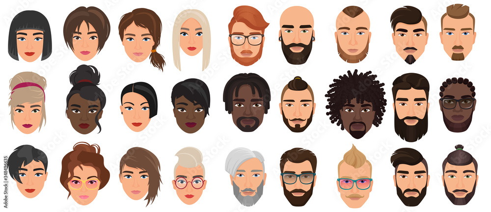 Woman man characters, facial portraits vector illustration set. Cartoon  flat adult people heads with different faces or hair, nationality and  races, fashionable and stylish hairstyle isolated on white Stock Vector |  Adobe