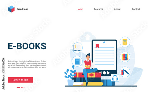 E-books vector illustration. Website interface creative flat design with cartoon man student character reading book, using bookreader or smartphone library app. Online distance education technology photo