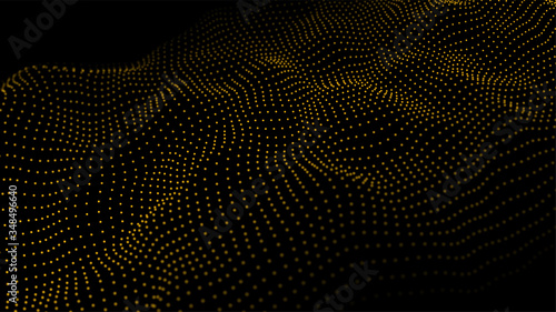 Dynamic particles wave.Big data visualization 3D. Yellow dots on black background. Digital landscape. Vector illustration.