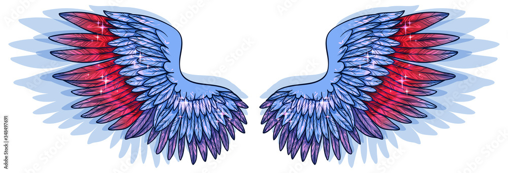 Fototapeta Beautiful bright magic glittery angelic blue red violet wings, vector
