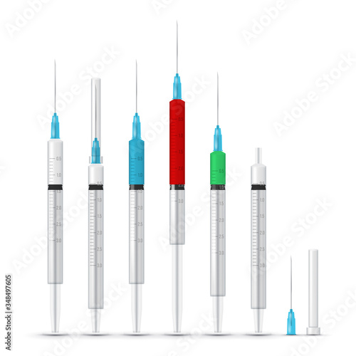 Medical syringe illustrations set. Realistic syringe collection isolated on white background. Syringes for medical drug injection, vaccine for care and treatment.