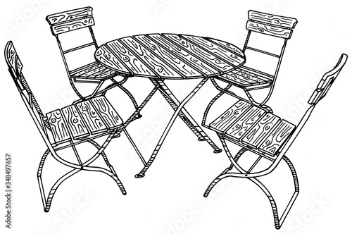 Hand drawn image of traditional bavarian beergarden table and chairs.