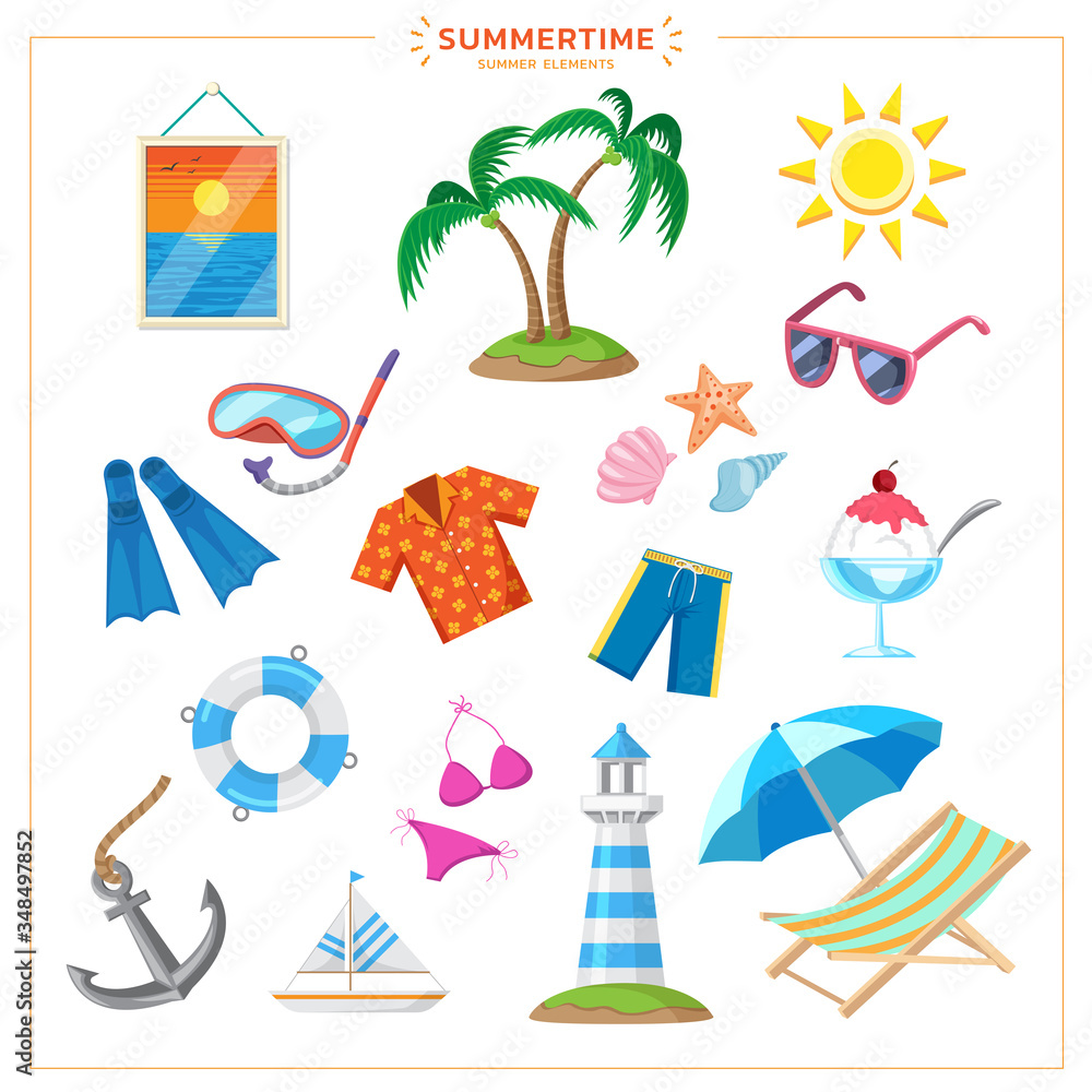 Colorful summer set with so many cute elements such as coconut trees, sunglasses, floral shirts, swimwear, diving equipment, beach chairs and cold drinks. Colorful summer set with so many cute elements such as coconut trees, sunglasses, floral shirts, swimwear, diving equipment, beach chairs and cold drinks.