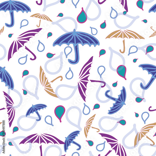 Vector seamless pattern with umbrellas and rain drops in all directions.
