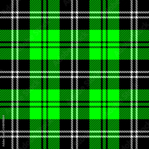 Tartan plaid. Scottish pattern in black, lime and white cage. Scottish cage. Traditional Scottish checkered background. Seamless fabric texture. Vector illustration