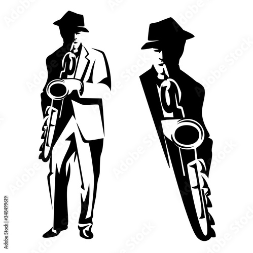 jazz man playing saxophone instrument - performing musician black and white vector outline set