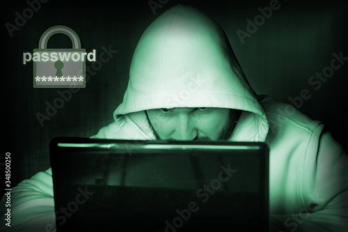 Digital crime by an anonymous hacker in hood photo